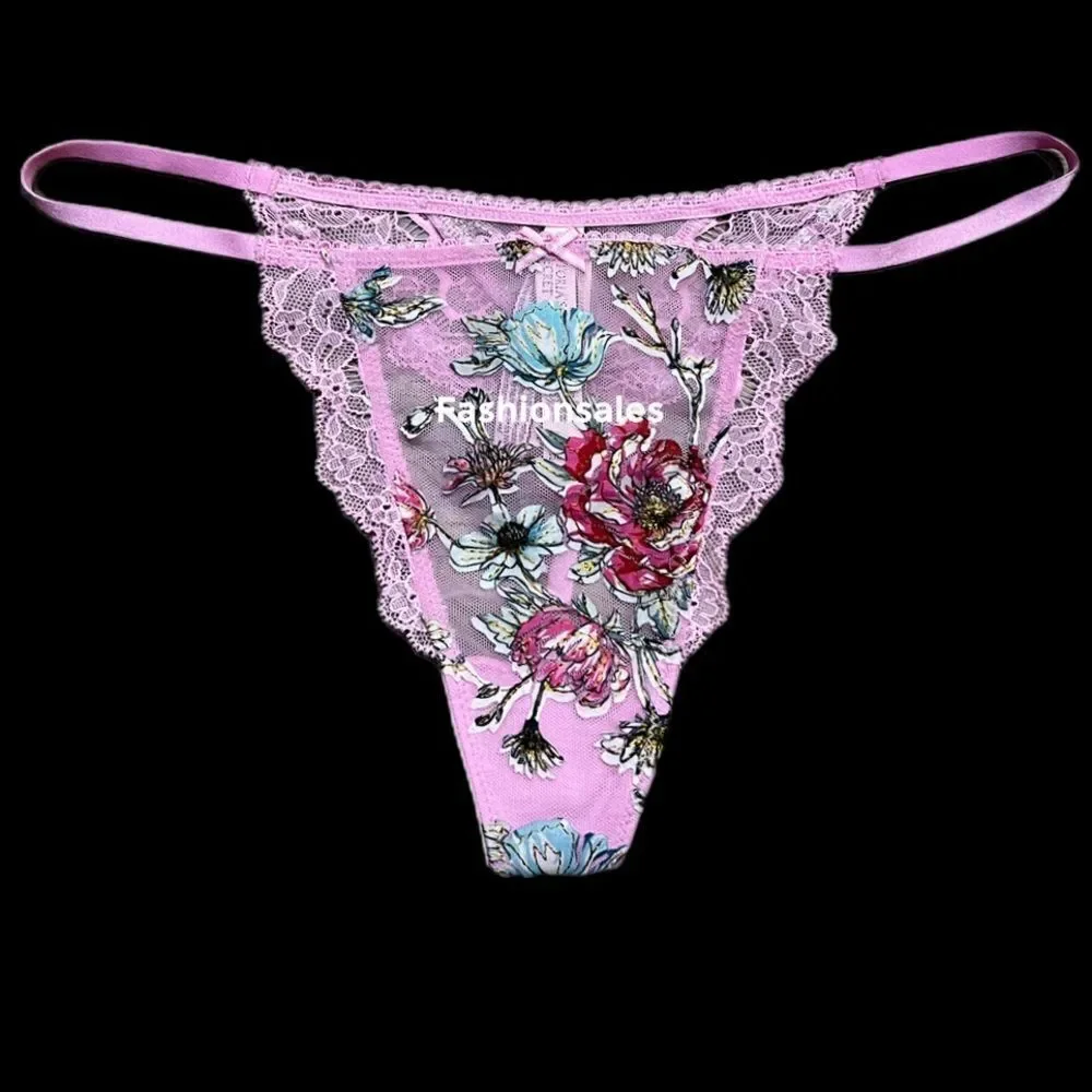 Victorias Secret Dream Angels Floral appliqué Mesh Lace V string panty pink M